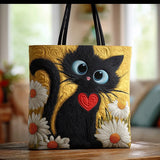 Handmade Black Cat Bag with Heart and Daisies