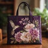 Quilted Purple Tote Bag with Hummingbirds and Orchids
